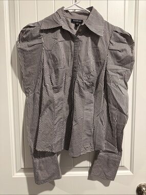 bebe Black and White Striped Puff-Sleeve Shirt